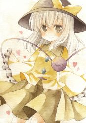 Rule 34 | 1girl, blouse, female focus, grey eyes, hands in opposite sleeves, hat, hat ribbon, heart, kagome f, komeiji koishi, light smile, looking at viewer, painting (medium), ribbon, shirt, silver hair, simple background, skirt, solo, third eye, touhou, traditional media, watercolor (medium), white background, yellow shirt