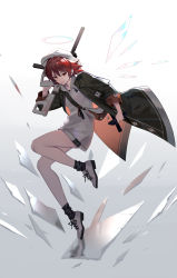 Rule 34 | 1girl, absurdres, arknights, black socks, breasts, broken glass, brown eyes, buttons, chongzi, dress, dress shirt, exusiai (arknights), from side, full body, glass, gradient background, grey background, grey jacket, gun, hair between eyes, halo, hat, headwear request, highres, holding, holding gun, holding removed eyewear, holding weapon, hood, hood down, jacket, kriss vector, long jacket, long sleeves, looking at viewer, open mouth, over shoulder, red hair, shirt, shoelaces, shoes, short hair, simple background, smile, socks, solo, striped clothes, striped socks, submachine gun, sunglasses, sunglasses removed, unworn eyewear, weapon, weapon over shoulder, white background, white dress, white footwear, white hat, white shirt