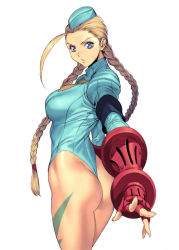 Rule 34 | 1990s (style), 1girl, ahoge, ass, blonde hair, blue eyes, blue leotard, braid, cammy white, capcom, fingerless gloves, foreshortening, garrison cap, gloves, hat, homare (fool&#039;s art), huge ahoge, leotard, long hair, looking at viewer, looking back, necktie, outstretched arm, retro artstyle, scar, simple background, solo, street fighter, street fighter zero (series), turtleneck, twin braids, very long hair, white background