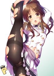 Rule 34 | 1girl, absurdres, ass, black pantyhose, brown eyes, brown hair, buttons, commentary request, double-breasted, gradient background, highres, idolmaster, idolmaster cinderella girls, looking at viewer, medium hair, ment, military, military uniform, naval uniform, navel, open mouth, p-head producer, panties, panties under pantyhose, pantyhose, pleated skirt, ponytail, producer (idolmaster), shirt, sidelocks, simple background, skirt, solo, split, standing, standing on one leg, standing split, takamori aiko, thighband pantyhose, thighs, torn clothes, torn pantyhose, underwear, uniform, white background, white shirt, white skirt