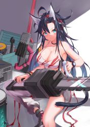 Rule 34 | 1girl, absurdres, ahoge, animal ears, aqua eyes, arknights, bare arms, bare shoulders, black choker, black footwear, black hair, blaze (arknights), blaze (burst feline) (arknights), blush, breasts, camisole, cat ears, cat tail, chainsaw, choker, cleavage, collarbone, commentary, crop top, hair between eyes, highres, large breasts, long hair, looking at viewer, messy hair, official alternate costume, shoes, sitting, smile, solo, spaghetti strap, tail, thighs, toolbox, very long hair, watch, watchdog rol (y1104280730), wristwatch