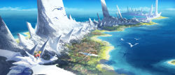 Rule 34 | absurdres, blouse, couldoh, day, dragon, dragon riding, highres, island, landscape, mountain, ocean, outdoors, pixiv fantasia, pixiv fantasia age of starlight, red shirt, scenery, shadow, shirt, very wide shot, water