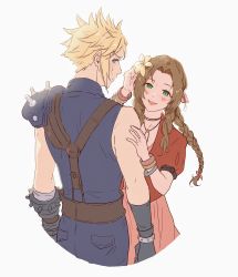 Rule 34 | 1boy, 1girl, aerith gainsborough, aqua eyes, armor, bandaged arm, bandages, bangle, belt, blonde hair, blue pants, blue shirt, blush, bracelet, braid, braided ponytail, brown hair, chika i, choker, cloud strife, cowboy shot, cropped jacket, dress, final fantasy, final fantasy vii, final fantasy vii remake, flower, flower choker, gloves, green eyes, hair flower, hair ornament, hair ribbon, hand on another&#039;s arm, highres, jacket, jewelry, lily (flower), long hair, looking at viewer, looking back, open mouth, pants, parted bangs, pink dress, pink ribbon, puffy short sleeves, puffy sleeves, red jacket, ribbon, shirt, short hair, short sleeves, shoulder armor, sidelocks, sleeveless, sleeveless turtleneck, smile, spiked hair, square enix, suspenders, sweatdrop, turtleneck, wavy hair, white background, yellow flower