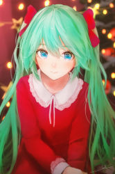 Rule 34 | 1girl, aqua hair, blue eyes, blurry, blurry background, bow, christmas, christmas tree, commentary, dress, hair between eyes, hair bow, hatsune miku, highres, lace, lace-trimmed dress, lace trim, long hair, looking at viewer, ojay tkym, red bow, red dress, signature, sitting, solo, star (symbol), symbol-only commentary, twintails, very long hair, vocaloid