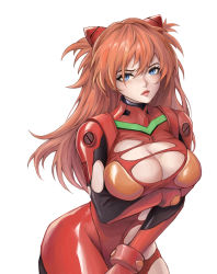 Rule 34 | 1girl, absurdres, alternate breast size, artist request, ass, blue eyes, bodysuit, breast hold, breasts, brown hair, cleavage, curvy, evangelion: 3.0+1.0 thrice upon a time, hair down, hair ornament, hairpods, highres, interface headset, large breasts, lips, long hair, looking at viewer, neon genesis evangelion, plugsuit, rebuild of evangelion, red bodysuit, shiny clothes, skin tight, solo, souryuu asuka langley, torn clothes, wide hips