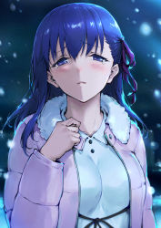 Rule 34 | 1girl, blue eyes, blue hair, blush, breasts, commentary request, crying, crying with eyes open, dress, fate/stay night, fate (series), fur-trimmed jacket, fur trim, hair ribbon, hand on own chest, haoni, jacket, large breasts, long hair, long sleeves, looking at viewer, matou sakura, night, official alternate costume, open clothes, open jacket, outdoors, parted lips, pink jacket, purple ribbon, ribbon, snowing, solo, tears, upper body, white dress
