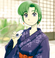 Rule 34 | 1girl, blue kimono, camera, green hair, hatsuseno alpha, japanese clothes, kimono, purple eyes, solo, yokohama kaidashi kikou, yukata