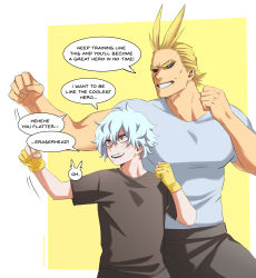 Rule 34 | 2boys, aged down, all might, alternate universe, black pants, black sclera, black shirt, blonde hair, blue eyes, boku no hero academia, clenched hands, colored sclera, english text, fighting stance, fingerless gloves, gloves, grey hair, grey shirt, grin, highres, large pectorals, male focus, multiple boys, muscular, muscular male, pants, pectorals, red eyes, shigaraki tomura, shirt, short hair, smile, speech bubble, teeth, thick eyebrows, trevo (trevoshere), white background, wrinkled skin, yellow background, yellow gloves