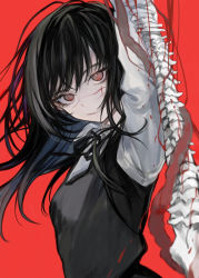 Rule 34 | 1girl, arm up, black hair, black ribbon, black vest, blood, chainsaw man, hasunokaeru, highres, long hair, long sleeves, looking at viewer, neck ribbon, parted lips, red background, red eyes, ribbon, ringed eyes, scar, scar on face, shirt, simple background, smile, solo, spine, upper body, vest, white shirt, yoru (chainsaw man)