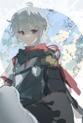 Rule 34 | 1boy, alternate hair color, armor, closed mouth, flower, genshin impact, hair between eyes, highres, japanese armor, japanese clothes, kaedehara kazuha, looking at viewer, male focus, persimmon (lsxh3), ponytail, red eyes, red hair, simple background, sketch, solo, white hair
