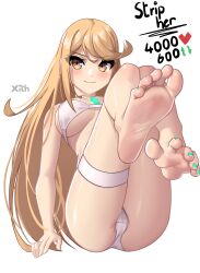 Rule 34 | 1girl, absurdres, artist name, barefoot, bikini, blonde hair, breasts, commentary, core crystal (xenoblade), english commentary, english text, feet, feet up, foot focus, foreshortening, green nails, heart, highres, jewelry, knees up, legs, long hair, looking at viewer, medium breasts, meme, mythra (xenoblade), nail polish, panties, presenting foot, simple background, soles, solo, spread toes, swept bangs, swimsuit, toenail polish, toenails, toes, twitter strip game (meme), underwear, white background, white bikini, white panties, x xith x, xenoblade chronicles (series), xenoblade chronicles 2, yellow eyes