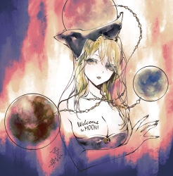 Rule 34 | bare shoulders, black dress, black eyes, blonde hair, body writing, breasts, chain, cleavage, dress, earth (ornament), gin fragrans, gold chain, hat, hecatia lapislazuli, hecatia lapislazuli (moon), highres, large breasts, long hair, looking to the side, moon (ornament), multicolored clothes, multicolored skirt, nail polish, off-shoulder shirt, off shoulder, parted lips, shirt, skirt, touhou, upper body