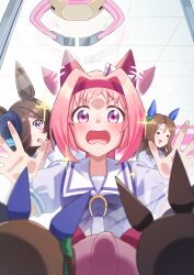 3girls =_= absurdres animal_ears black_hair blush commentary_request crane_game freely2327 glass hair_over_one_eye haru_urara_(umamusume) hat headband highres horse_ears horse_girl king_halo_(umamusume) looking_at_viewer multiple_girls pink_hair rice_shower_(umamusume) school_uniform tracen_school_uniform umamusume