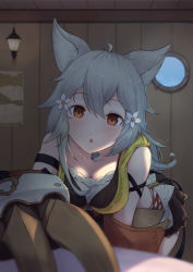 Rule 34 | 1girl, ahoge, animal ear fluff, animal ears, bare shoulders, bell, blurry, blurry foreground, blush, breasts, brown eyes, brown skirt, chestnut mouth, claw (weapon), cleavage, collarbone, commentary request, depth of field, erune, fang, flower, granblue fantasy, grey hair, hair between eyes, hair flower, hair ornament, head tilt, highres, jingle bell, leaning forward, long hair, looking at viewer, md5 mismatch, medium breasts, parted lips, resolution mismatch, round window, sen (granblue fantasy), skirt, solo, source larger, uneg, wall lamp, weapon, white flower, window, wooden wall