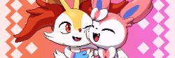 Rule 34 | 1girl, :3, animal ear fluff, animal ears, animal nose, body fur, bow, bowtie, braixen, cheek-to-cheek, cheek press, creatures (company), fangs, female focus, fox ears, fox girl, furry, furry female, game freak, gen 6 pokemon, gradient background, hair bow, happy, heads together, looking at another, looking to the side, nintendo, one eye closed, open mouth, orange background, pink background, pink bow, pink bowtie, pixel art, pokemon, pokemon (creature), portrait, red eyes, ribbon, smile, sylveon, two-tone background, two-tone fur, white fur, white ribbon, wisgarus, yellow fur
