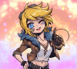 Rule 34 | 1boy, ;d, belt, blonde hair, blush, brown belt, brown gloves, brown jacket, contrapposto, cowboy shot, dancing, ezreal, gloves, goggles, goggles on head, grey shirt, hand on own hip, hare hare yukai, hood, hood down, jacket, league of legends, male focus, midriff, multicolored background, navel, one eye closed, open clothes, open jacket, open mouth, pectoral cleavage, pectorals, phantom ix row, shirt, short hair, single glove, smile, solo, suzumiya haruhi no yuuutsu