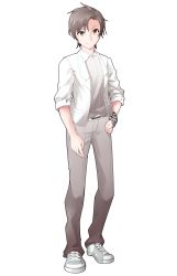 Rule 34 | 1boy, blazer, brown eyes, brown hair, cevio, closed mouth, collared shirt, commentary request, dairi, full body, grey footwear, hand on own hip, highres, jacket, looking at viewer, male focus, pants, shirt, shoes, smile, sneakers, solo, standing, tachi-e, takahashi amato, transparent background, white jacket, white shirt, wing collar