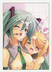 Rule 34 | 2girls, blonde hair, blush, breasts, censored, cum, detached sleeves, closed eyes, green eyes, green hair, hatsune miku, headphones, highres, himukai kyousuke, kagamine rin, long hair, moire, multiple girls, necktie, nipples, ribbon, scan, short hair, small breasts, studio himawari, thighhighs, twintails, vocaloid, wince