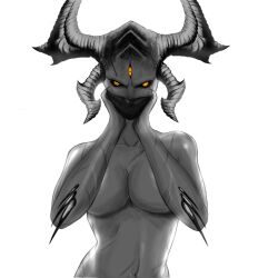 Rule 34 | 1girl, alternate breast size, backlighting, bald, bald girl, black sclera, breasts, colored sclera, commentary, completely nude, convenient arm, covered mouth, demon, demon horns, english commentary, highres, horns, large breasts, looking at viewer, mask, metal: hellsinger, mo-haniibanchi, monochrome, mouth mask, nude, orange eyes, pinup (portrait), scar, scar on arm, solo, spot color, the unknown (metal: hellsinger), third eye, too many, too many scars, upper body, white background