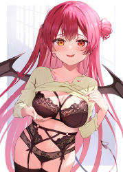 Rule 34 | 1girl, blush, bra, breast hold, breasts, brown bra, brown panties, brown thighhighs, cleavage, clothes lift, demon tail, demon wings, fangs, garter belt, hair bun, heterochromia, highres, hololive, houshou marine, large breasts, lifting own clothes, lingerie, long hair, long sleeves, looking at viewer, navel, omelet tomato, open mouth, panties, red eyes, red hair, side ponytail, single side bun, smile, solo, sweater, sweater lift, tail, thighhighs, underwear, very long hair, virtual youtuber, wings, yellow eyes, yellow sweater