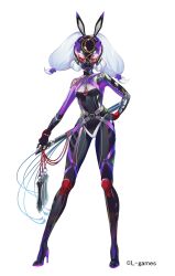 Rule 34 | 1girl, absurdres, aku no onna kanbu: perigee new moon, animal ears, arrow (tamawo222), black bodysuit, bodysuit, breasts, character request, copyright name, gimp mask, grey hair, hand on own hip, high heels, highleg, highres, holding, holding sword, holding weapon, kodachi, long hair, mask, multicolored bodysuit, multicolored clothes, o-ring, official art, rabbit ears, red-tinted eyewear, red eyes, short sword, skin tight, small breasts, solo, sword, tinted eyewear, twintails, weapon, zipper
