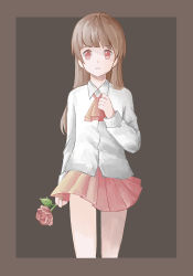 Rule 34 | 1girl, ascot, blunt bangs, border, brown background, brown hair, clenched hand, collared shirt, featherwings24, flower, holding, holding flower, ib (ib), ib (kouri), long hair, long sleeves, looking at viewer, outside border, parted lips, pleated skirt, red eyes, red flower, red rose, red skirt, rose, shirt, simple background, skirt, solo, white shirt, wing collar