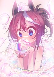 Rule 34 | 1girl, absurdres, bath, bathing, bathtub, blue eyes, blush, breasts, brown hair, bubble, commentary request, covered mouth, feng feng (yopokaede), hair between eyes, hands up, highres, medium breasts, multicolored hair, nude, partially submerged, soap bubbles, solo, streaked hair, tokai teio (umamusume), umamusume, upper body, white hair