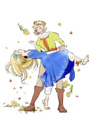 Rule 34 | 2girls, 51wi21, blonde hair, blue capelet, blue robe, bob cut, body fur, boots, brown footwear, brown pants, capelet, dancing, dungeon meshi, elf, falin touden, flower, flower wreath, foot up, green shirt, grey hair, hair down, hair flower, hair ornament, hand up, head wreath, highres, holding hands, juliet sleeves, korean commentary, leaning back, long hair, long sleeves, looking at another, looking at viewer, looking to the side, marcille donato, multiple girls, open mouth, pants, petals, pointy ears, profile, puffy sleeves, red flower, red rose, robe, rose, sandals, shirt, short hair, sideways glance, simple background, sleeves past elbows, standing, standing on one leg, tiptoes, very long hair, white background, white pants, yellow eyes, yellow flower