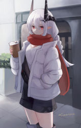 Rule 34 | 1girl, 99noe honoka, absurdres, alternate costume, arknights, bag, black shorts, braid, building, casual, coat, coffee cup, commission, cowboy shot, cup, day, disposable cup, earrings, grey eyes, hair between eyes, hair ornament, highres, holding, holding cup, horns, jewelry, long hair, long sleeves, looking at viewer, mudrock (arknights), open clothes, open coat, outdoors, parted lips, pointy ears, red hair, red scarf, scarf, shirt, shorts, single braid, solo, standing, steam, white coat, white shirt