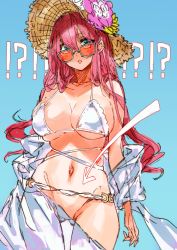 Rule 34 | !?, 1girl, alternate costume, azur lane, bikini, blue background, blush, breasts, cleavage, collarbone, green eyes, groin, hair between eyes, hat, head tilt, highres, large breasts, long hair, looking at viewer, looking over eyewear, looking over glasses, navel, orange-tinted eyewear, orange-tinted glasses, parted lips, red hair, signo aaa, simple background, solo, straw hat, sun hat, sunglasses, surcouf (azur lane), surcouf (loisirs balneaires) (azur lane), swimsuit, tinted eyewear, very long hair, white bikini