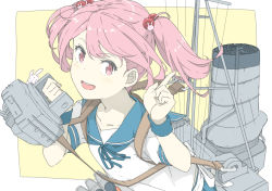 Rule 34 | 1girl, blue sailor collar, blush, hair bobbles, hair ornament, holding, index finger raised, kantai collection, machinery, ninimo nimo, open mouth, pink eyes, pink hair, rabbit hair ornament, rigging, sailor collar, sazanami (kancolle), school uniform, serafuku, short sleeves, short twintails, simple background, solo, twintails, upper body