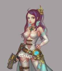 Rule 34 | 1girl, arm warmers, asymmetrical clothes, bare shoulders, breasts, cleavage, cowboy shot, dress, finger on trigger, fingerless gloves, gears, gloves, green eyes, gun, hair ornament, hand on own hip, highres, jewelry, navel, original, pendant, pentagram, ponytail, pouch, purple hair, saikac, short dress, solo, steampunk, thighhighs, weapon, white dress