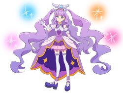 Rule 34 | 1girl, aqua eyes, commentary request, cure majesty, dress, elbow gloves, ellee-chan, eyelashes, fpminnie1, gloves, hair ornament, happy, highres, hirogaru sky! precure, long hair, looking at viewer, magical girl, precure, purple dress, purple footwear, purple hair, sketch, smile, solo, spoilers, standing, thighhighs, thighs, very long hair, white background