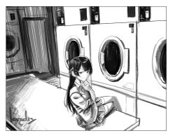 Rule 34 | 1girl, breasts, closed mouth, from side, greyscale, hand on own chin, highres, kotoyama, laundromat, long hair, looking at viewer, monochrome, nijisanji, school uniform, sitting, smile, solo, tsukino mito, tsukino mito (1st costume), virtual youtuber, washing machine