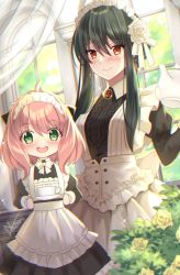Rule 34 | 2girls, anya (spy x family), apron, blush, child, cup, dark green hair, green eyes, highres, long hair, maid, maid apron, maid day, maid headdress, mother and daughter, multiple girls, nozomi fuuten, orange eyes, pink hair, saucer, short hair, spy x family, tea, teacup, tray, window, yor briar
