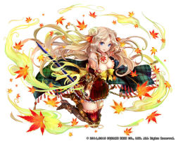 Rule 34 | 1girl, autumn leaves, bare shoulders, blonde hair, blue eyes, breasts, cleavage, detached collar, gauntlets, kai-ri-sei million arthur, large breasts, long hair, looking at viewer, armored boots, million arthur (series), official art, original, pisuke, solo, sword, thighhighs, very long hair, weapon, zettai ryouiki