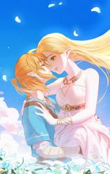 Rule 34 | 1boy, 1girl, absurdres, bandaged arm, bandages, bare shoulders, blonde hair, blue sky, blue tunic, bracer, breasts, carrying, closed eyes, cloud, couple, dress, earrings, falling petals, gold necklace, green eyes, hair between eyes, highres, jewelry, link, long dress, long hair, long sleeves, looking at another, medium breasts, medium hair, necklace, neco bubble, nintendo, open mouth, outdoors, parted bangs, parted lips, petals, pointy ears, ponytail, princess carry, princess zelda, shirt, short sleeves, sidelocks, silent princess, sky, smile, strapless, strapless dress, teeth, the legend of zelda, the legend of zelda: breath of the wild, upper body, upper teeth only, white dress, white shirt