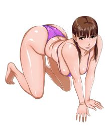 Rule 34 | 1girl, all fours, back, barefoot, bikini, blush, breasts, brown eyes, brown hair, full body, hanging breasts, highres, large breasts, lips, looking at viewer, matoyama, original, plump, purple bikini, simple background, solo, swimsuit, twintails, v arms, white background