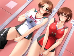 Rule 34 | 2girls, blush, bottomless, grabbing another&#039;s breast, breasts, brown hair, censored, cleavage, closed eyes, fingering, game cg, grabbing, jewelry, large breasts, looking at viewer, masturbation, multiple girls, necklace, no panties, short hair, sport uniform, standing, wet, yellow eyes