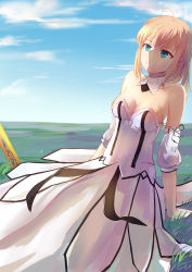 Rule 34 | 1girl, ahoge, arm support, artoria pendragon (fate), bad id, bad pixiv id, bare shoulders, blue eyes, blue sky, breasts, caliburn (fate), cleavage, cloud, day, detached collar, detached sleeves, dress, fate/grand order, fate/stay night, fate (series), grass, highres, medium breasts, outdoors, saber (fate), saber lily, on ground, sky, solo, wujia xiaozi