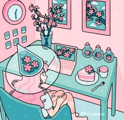 Rule 34 | 1girl, analog clock, bad id, bad instagram id, bare legs, blue shirt, blue shorts, blue sky, blunt bangs, branch, cake, cake slice, cherry blossoms, clock, closed eyes, closed mouth, cloud, commentary, computer, cork, cup, day, emily kim, english commentary, flower, food, fork, full body, glass, glass bottle, hands on own thighs, hat, hat flower, indoors, instagram username, laptop, leaf, limited palette, long hair, mug, on chair, original, photo (object), pink flower, pink hair, plate, potion, see-through, see-through headwear, shirt, short sleeves, shorts, sitting, sky, smile, socks, solo, sparkle, t-shirt, table, tea, water, wavy hair, white socks, wide brim, window, witch, witch hat