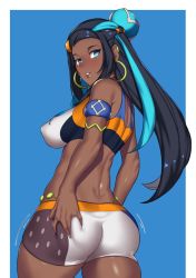 Rule 34 | 1girl, ass, ass grab, aster crowley, back, bare shoulders, bikini, black hair, blue background, blue eyes, blue hair, blush, breasts, come hither, creatures (company), dark-skinned female, dark skin, deep skin, earrings, from behind, game freak, grabbing own ass, gym leader, hair bun, half updo, highres, hoop earrings, jewelry, large breasts, long hair, looking at viewer, looking back, naughty face, necklace, nessa (pokemon), nintendo, parted lips, piercing, pokemon, pokemon swsh, shiny clothes, shiny skin, short shorts, shorts, sideboob, simple background, single hair bun, smile, solo, swimsuit, tankini
