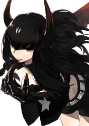 Rule 34 | 10s, 1girl, black gold saw, black hair, black rock shooter, breasts, cleavage, female focus, highres, horns, kuuki (pixiv2244659), licking, licking finger, long hair, red eyes, simple background, solo, sword, tongue, weapon, white background