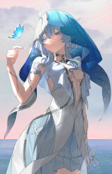 1girl armlet bare_shoulders blue_butterfly blue_hair blue_nails blue_veil bug butterfly closed_mouth colored_eyelashes cowboy_shot dress hair_between_eyes hand_up highres insect jewelry long_hair looking_at_animal nail_polish outdoors purple_eyes sleeveless sleeveless_dress solo the_shorekeeper_(wuthering_waves) two-tone_veil veil white_dress white_veil wuthering_waves xyyeytxw