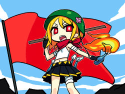 Rule 34 | 1girl, angry, bandages, bandana, blonde hair, blush stickers, bokken, bottle, chan co, cloud, communism, day, fire, flag, gakusei undou, helmet, kagamine rin, molotov cocktail, no nose, open mouth, red eyes, shakai shugi darling (vocaloid), short hair, skirt, solo, standing, sword, teeth, vocaloid, weapon, wooden sword