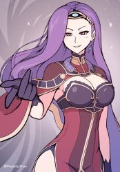 Rule 34 | 1girl, armpits, asymmetrical hair, black gloves, breasts, circlet, cleavage, cloak, corrupted metadata, cowboy shot, dress, earrings, fire emblem, fire emblem echoes: shadows of valentia, floating hair, gloves, grey background, high collar, jewelry, large breasts, lips, long hair, nintendo, parted lips, phiphi-au-thon, purple hair, red eyes, side slit, smile, solo, sonya (fire emblem gaiden), sparkle, straight hair, thighs, twitter username