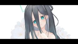 Rule 34 | 1girl, absurdres, aqua eyes, aqua halo, aris (blue archive), black hair, blue archive, blue halo, closed mouth, commentary request, flower, hair between eyes, halo, highres, letterboxed, long hair between eyes, looking at viewer, rectangular halo, side ponytail, simple background, solo, tachibana shiori (suica 112), upper body, white background, white flower