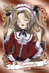 Rule 34 | 1girl, bow, brooch, brown hair, closed eyes, code geass, cross-laced clothes, dress, frills, headdress, jewelry, lace, lolita fashion, long hair, nunnally vi britannia, official art, ribbon, ring, smile, solo