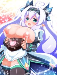 Rule 34 | :d, ahoge, apron, big hair, black legwear, blush, bow, breasts, breasts out, elf, frilled hairband, frilled legwear, frills, hair bow, hair ornament, hairband, headband, heart, heart-shaped pupils, heart ahoge, holding, holding heart, huge breasts, inverted nipples, lactation, long hair, long sleeves, looking at viewer, maid apron, milk, oborotsuki kakeru, open mouth, original, pointy ears, puffy nipples, puffy sleeves, pussy juice, pussy juice drip, sidelocks, skirt, smile, symbol-shaped pupils, thighhighs