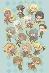 Rule 34 | 1other, 6+boys, 6+girls, baseball bat, black coat, black gloves, black hair, black pants, black vest, blonde hair, blue background, blue eyes, bow, brown eyes, brown hair, charon (project moon), chibi, clock, closed mouth, coat, coat on shoulders, collared shirt, dante (limbus company), don quixote (project moon), faust (project moon), fire, glasses, gloves, green eyes, gregor (project moon), grey hair, grey hat, guan dao, hair bow, hair slicked back, halberd, hat, heathcliff (project moon), holding, holding baseball bat, holding polearm, holding weapon, hong lu (project moon), ishmael (project moon), limbus company, long hair, long sleeves, low twintails, mace, meursault (project moon), multiple boys, multiple girls, naya 1770, necktie, object head, orange hair, outis (project moon), pants, polearm, project moon, red coat, red eyes, red necktie, rodion (project moon), ryoshu (project moon), shako cap, shirt, short hair, sidelocks, sinclair (project moon), smile, twintails, vergilius (project moon), very long hair, vest, weapon, white bow, white hair, white shirt, yellow eyes, yi sang (project moon)